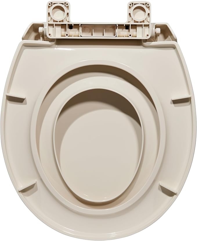 Round Toilet Seat for Adult and Child, Built-In Potty Training with Soft Quiet Close Non-Slip Design, Magnetic Children's Seat for Round/Oval Toilets, Almond, Easy to Install and Clean
