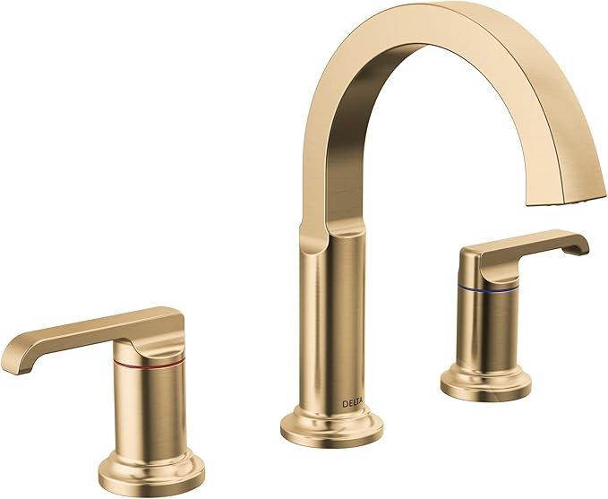 Delta Tetra Brushed Gold Bathroom Faucet 3 Hole, 8 Inch Widespread Bathroom Sink Faucet for Vanity, Metal Push-Pop Drain Assembly, Lumicoat Champagne Bronze 35588-CZ-PR-DST