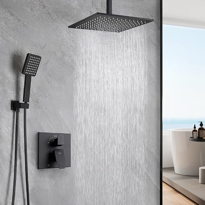 12 Inch Ceiling Mount Shower Faucet Set Matte Black Ceiling Rainfall Shower Head and Handle Set Bathroom Rain Shower System Include Shower Valve and Trim Kit
