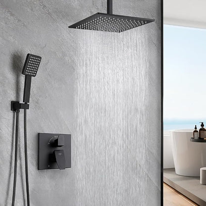 12 Inch Ceiling Mount Shower Faucet Set Matte Black Ceiling Rainfall Shower Head and Handle Set Bathroom Rain Shower System Include Shower Valve and Trim Kit
