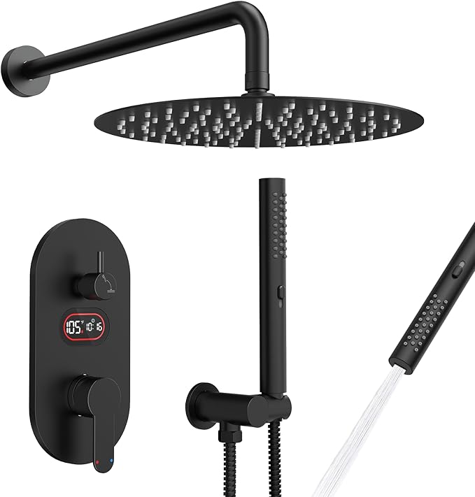 Longriver Round Shower Faucet Set with Hydro Power Temperature Display | Shower System 12" Shower Head with Handheld Spray, Wall Mounted Shower Fixtures with Shower Valve and Trim Kit, Matte Black