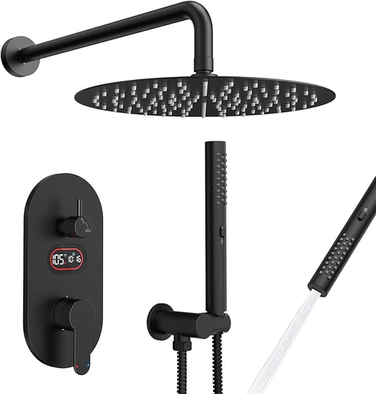 Longriver Round Shower Faucet Set with Hydro Power Temperature Display | Shower System 12" Shower Head with Handheld Spray, Wall Mounted Shower Fixtures with Shower Valve and Trim Kit, Matte Black