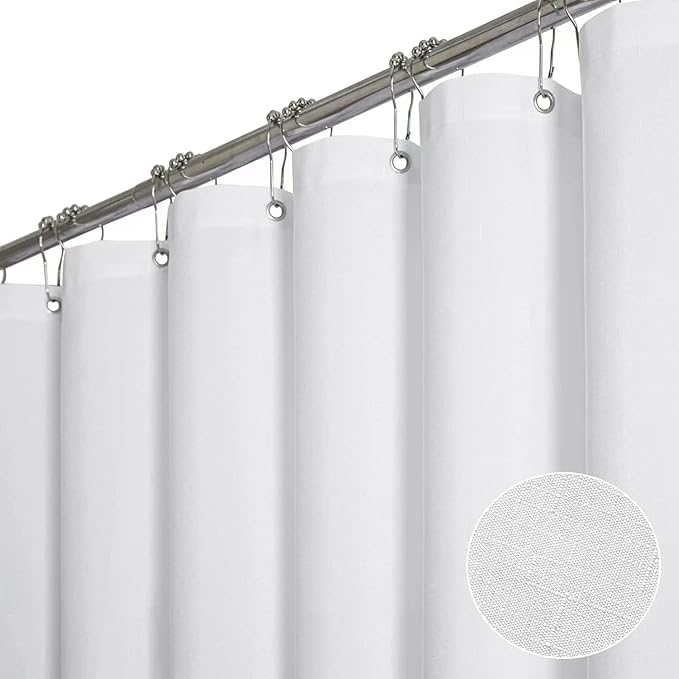 BTTN Fabric Shower Curtain, Linen Textured Heavy Duty Polyester Cloth Shower Curtain Set with Plastic Hooks, White, 54" W x 72" L (Pack of 1)