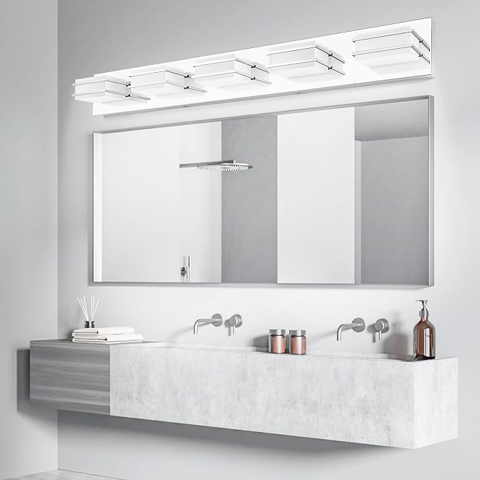 GOODATE 3 Color Temperature Dimmable Vanity Lighting Fixtures, LED Chrome 5 Light Bathroom Vanity Light, Acrylic Stainless Steel Square Shade Vanity Lights for Bathroom, ETL Certificated