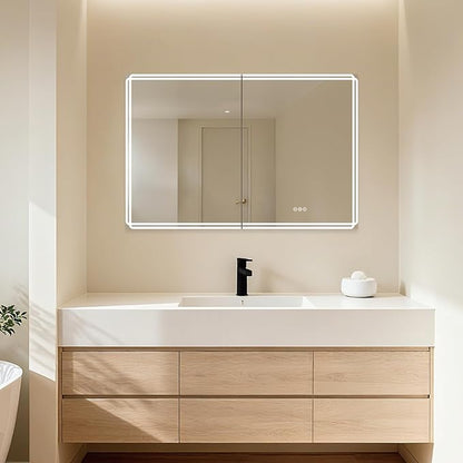 Buruis 48'' x 32'' Medicine Cabinet with Lights and Mirrors, Recessed or Wall Mounted Modern Bathroom Cabinet with 3-Mode Light, Anti-Fog, Dimmable, Memory Function, Outlet, Silver