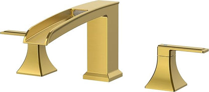 FORIOUS Roman Bathtub Faucet 3 Hole Deck Mount with 2 Handle Brushed Gold | Tub Faucet for 3-Hole Set, 6-12" Centered Distance, Widespread Garden Bath Tub, Waterfall Spout, High Flow, Brass