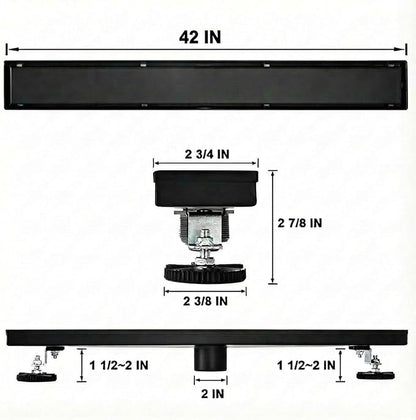 Linear Shower Floor Drain, Black 42 Inch 304 Stainless Steel Bathroom Drains Kit, Rectangular Shower Trench Drain with Reversable Tile-in Pattern Drain Cover & Hair Catcher