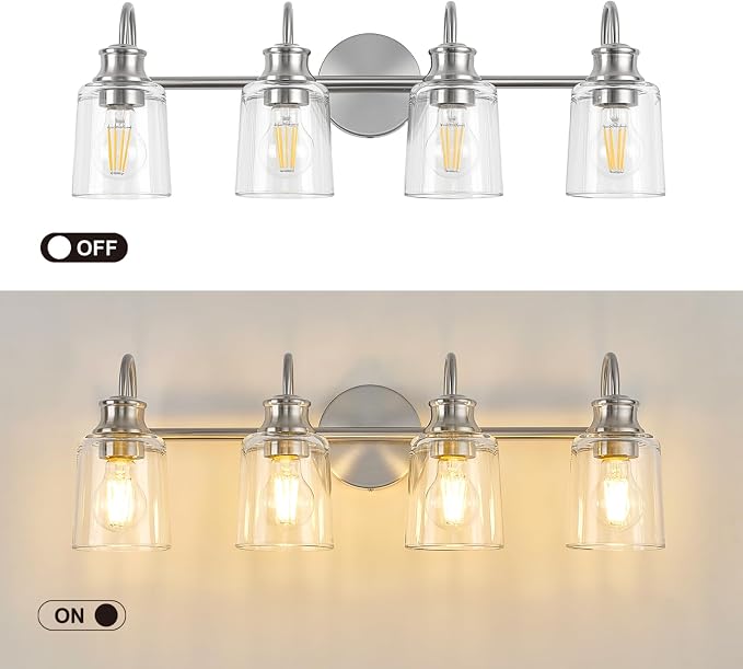 4 Lights Bathroom Light Fixtures Brushed Nickel Vanity Lights | ETL Certificate, Easy to Install,Wall Mount Up or Down,Thickened Glass Lampshade,E26 Socket,Hardwired