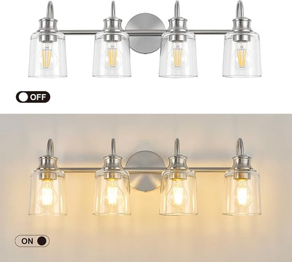4 Lights Bathroom Light Fixtures Brushed Nickel Vanity Lights | ETL Certificate, Easy to Install,Wall Mount Up or Down,Thickened Glass Lampshade,E26 Socket,Hardwired