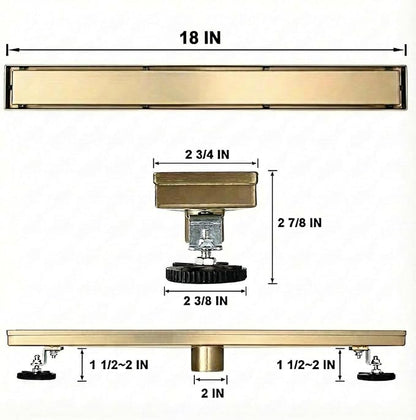 Linear Shower Floor Drain, Brushed Gold 18 Inch 304 Stainless Steel Bathroom Drains Kit, Rectangular Shower Trench Drain with Reversable Tile-in Pattern Drain Cover & Hair Catcher