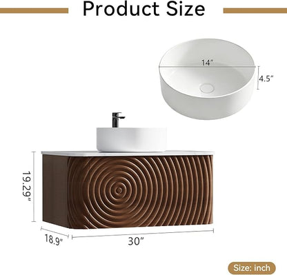 30" Floating Bathroom Vanity with Sink, Mid-Century Wall Mounted Bathroom Vanity Cabinet with Waved Decor, Ceramic Vessel Basin, Sintered Stone Top, Soft Close Storage Drawer, Walnut