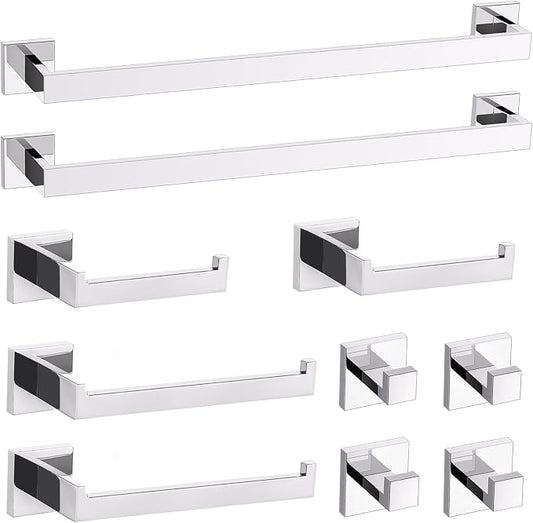 TURS Chrome 10-Piece Bathroom Hardware Set Towel Bar Set SUS304 Stainless Steel Towel Racks for Bathroom Wall Mounted, 23.6-Inch