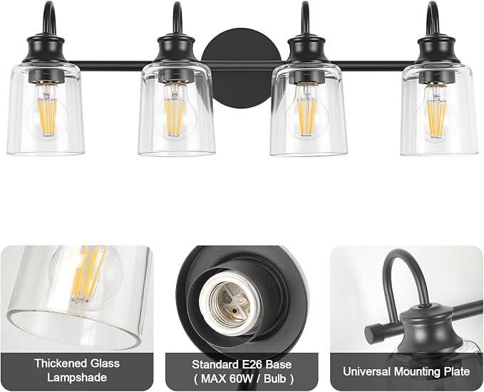 4 Lights Bathroom Light Fixtures Modern Black Vanity Lights | ETL Certificate, Easy to Install,Wall Mount Up or Down,Thickened Glass Lampshade,E26 Socket,Hardwired
