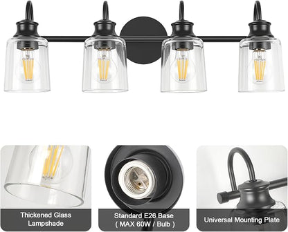 4 Lights Bathroom Light Fixtures Modern Black Vanity Lights | ETL Certificate, Easy to Install,Wall Mount Up or Down,Thickened Glass Lampshade,E26 Socket,Hardwired