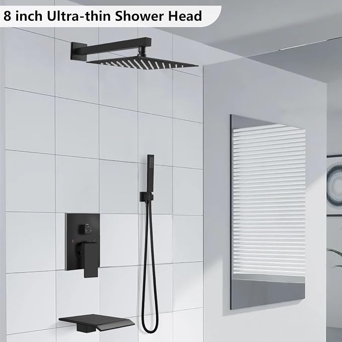 Midanya Rain Shower System with Tub Spout,8 Inch Matte Black | with Valve&Trim Kit,All Metal,Square Rainfall Head,Handheld Sprayer,Waterfall Spout,Wall Mount,Bathroom Shower Tub Faucet Set
