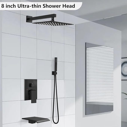 Midanya Rain Shower System with Tub Spout,8 Inch Matte Black | with Valve&Trim Kit,All Metal,Square Rainfall Head,Handheld Sprayer,Waterfall Spout,Wall Mount,Bathroom Shower Tub Faucet Set