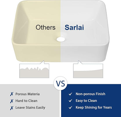 Sarlai Vessel Sink Rectangular - 19"x15" White Bathroom Sink Rectangle Above Counter Porcelain Ceramic Bathroom Vessel Vanity Sink Art Basin