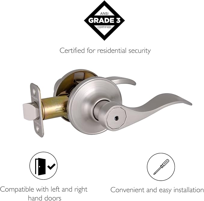 Design House Springdale Privacy Door Lever for Bedrooms and Bathrooms, Fits Standard Doors, Satin Nickel, 700492