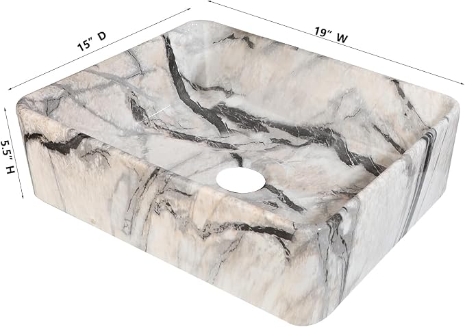 Bathroom Vessel Sink Modern Farmhouse White Rectangular Marble Vessel Sink - 19"x15" Handmade Ceramic Countertop Porcelain Sink Thickened Edges & Natural Stone Veins