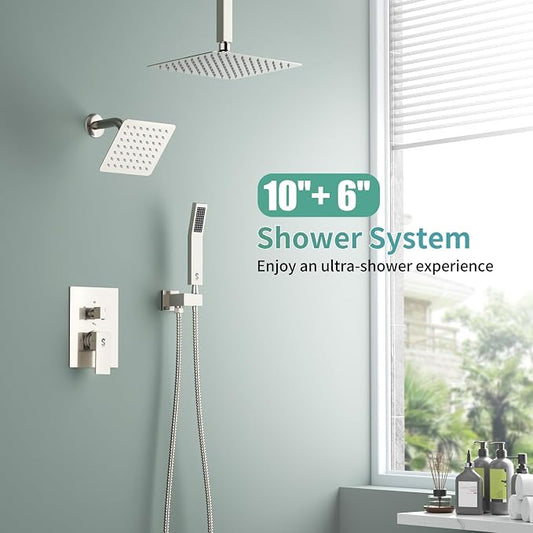 Shower Faucet Set Shower System - SR SUN RISE Brushed Nickel Shower Trim Kit with Dual Shower Head, 10'' Ceiling Rainfall 6'' Wall Mount with Handheld Shower for Couples, Complete 6 Diverter Valve