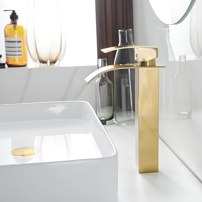 BWE Vessel Sink Faucet Modern Waterfall Brushed Gold Single Hole Bathroom Faucet Single Handle with Pop up Drain Without Overflow Assembly Vanity Basin Bath Sink Faucets Mixer Tap
