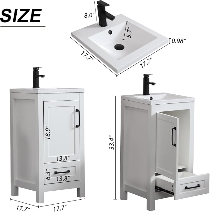 LUCKWIND 18" Bathroom Vanity and Sink Combos, Modern Bathroom Storage Painted Cabinet with Undercounter Ceramic Single Sink Top, Matte Black Faucet and Drawer, Mirror Not Included, White