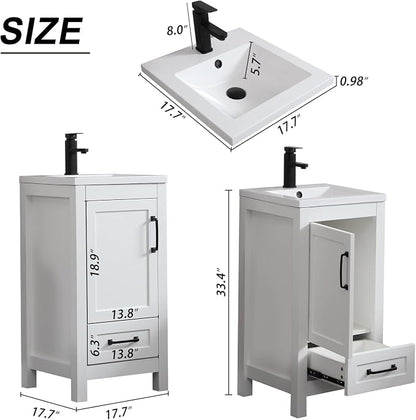 LUCKWIND 18" Bathroom Vanity and Sink Combos, Modern Bathroom Storage Painted Cabinet with Undercounter Ceramic Single Sink Top, Matte Black Faucet and Drawer, Mirror Not Included, White