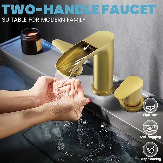 Brushed Gold Waterfall Bathroom Faucets - Waterfall 8 Inch Gold Widespread Bathroom Sink Faucet, 2 Handles Vanity Faucets 3 Holes for Restroom RV Bathtub with Pop Up Drain & Supply Lines
