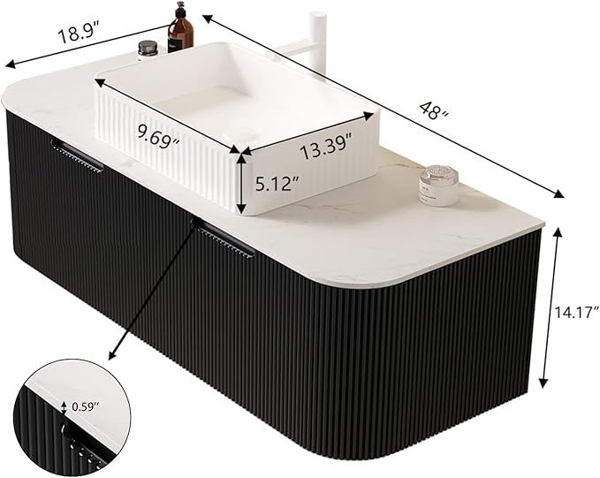 Yayzy 48" Floating Bathroom Vanity with Sink, Solid Wood Fluted Cabinet, White Fluted Square Ceramic Basin & Faux Marble Top, Soft-Close Drawer, Pre-Assembled, Gloss Black