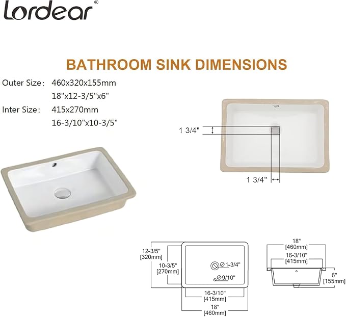Lordear Undermount Bathroom Sink 18 Inch Bathroom Vanity Sink Undermount Rectangle White Porcelain Ceramic Bathroom Interior 16"L x 10-3/10"W