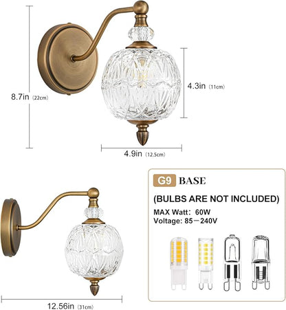 1 Piece Vintage Wall Sconce, 1-Light Mid Century Matte Antique Brass Finish Wall Sconce with Globe Glass Shade, Retro Light for Bathroom, Bedroom, Living Room,Powder Room