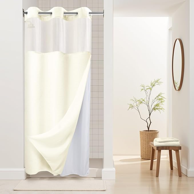 RiverDream Heavyweight Waffle No Hook Shower Curtain with Liner,Cream,36x74 | Dotted Waffle,Snap-in Liner,Heavy Duty,Quick Dry,Mesh Top Window,With Bottom Magnets,Hotel-Grade,Washable,Small Stall Size