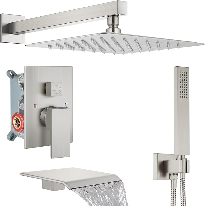 Midanya Shower System with Tub Spout,12 Inch Shower Head,Brushed Nickel | with Valve & Trim Kit,Square Rain Head,Handheld Sprayer,Waterfall Spout,All Metal Wall Mount Bathroom Shower Tub Faucet Set