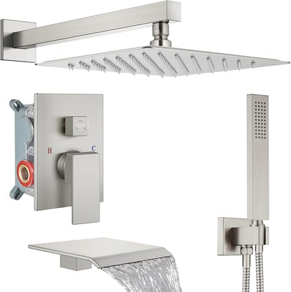Midanya Shower System with Tub Spout,12 Inch Shower Head,Brushed Nickel | with Valve & Trim Kit,Square Rain Head,Handheld Sprayer,Waterfall Spout,All Metal Wall Mount Bathroom Shower Tub Faucet Set