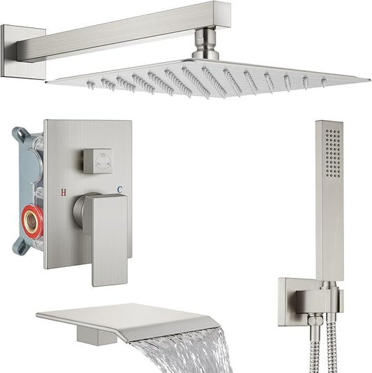Midanya Shower System with Tub Spout,12 Inch Shower Head,Brushed Nickel | with Valve & Trim Kit,Square Rain Head,Handheld Sprayer,Waterfall Spout,All Metal Wall Mount Bathroom Shower Tub Faucet Set