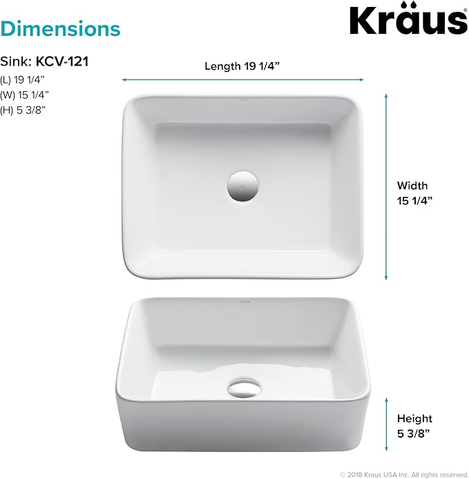 KRAUS Elavo Modern Rectangular Vessel White Porcelain Ceramic Bathroom Sink, 19 inch KCV-121