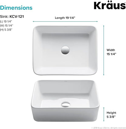 KRAUS Elavo Modern Rectangular Vessel White Porcelain Ceramic Bathroom Sink, 19 inch KCV-121