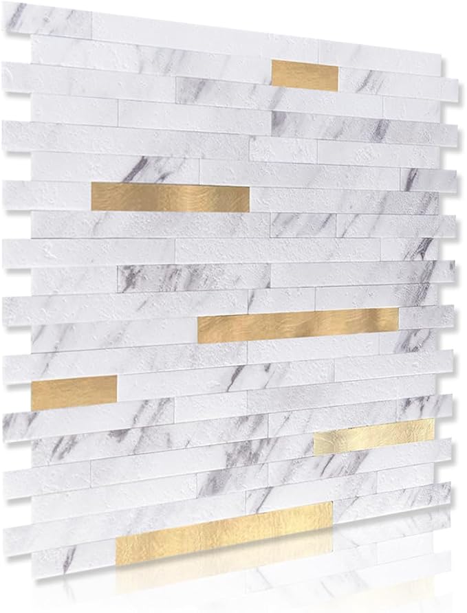 Art3d Faux Stone Peel & Stick Backsplash Tile, 10pcs, White with Metal Gold | PVC, Multi-Style Decor Sheets, Waterproof, Traceless Peel, No Wall Damage, Ideal for Kitchen