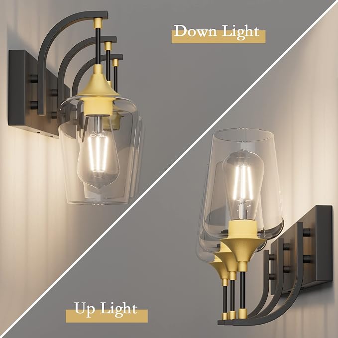 Ralbay Black/Gold Vanity Light Fixtures 3-Lights Industrial Black/Gold Bathroom Vanity Light with Clear Glass Vintage Edison Bathroom Wall Lighting Fixtures