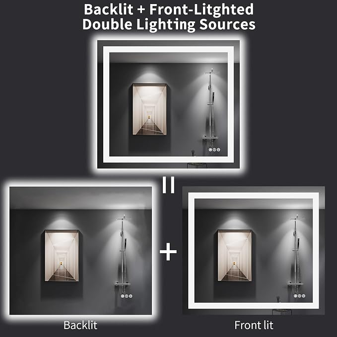 LOAAO 40"X36" LED Bathroom Mirror with Lights, UL Listed | Anti-Fog, Dimmable, 3 Color Temperature, Backlit + Front Lit, Memory Function, Tempered Glass