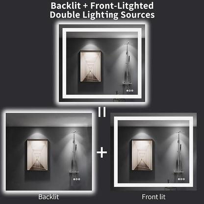 LOAAO 40"X36" LED Bathroom Mirror with Lights, UL Listed | Anti-Fog, Dimmable, 3 Color Temperature, Backlit + Front Lit, Memory Function, Tempered Glass