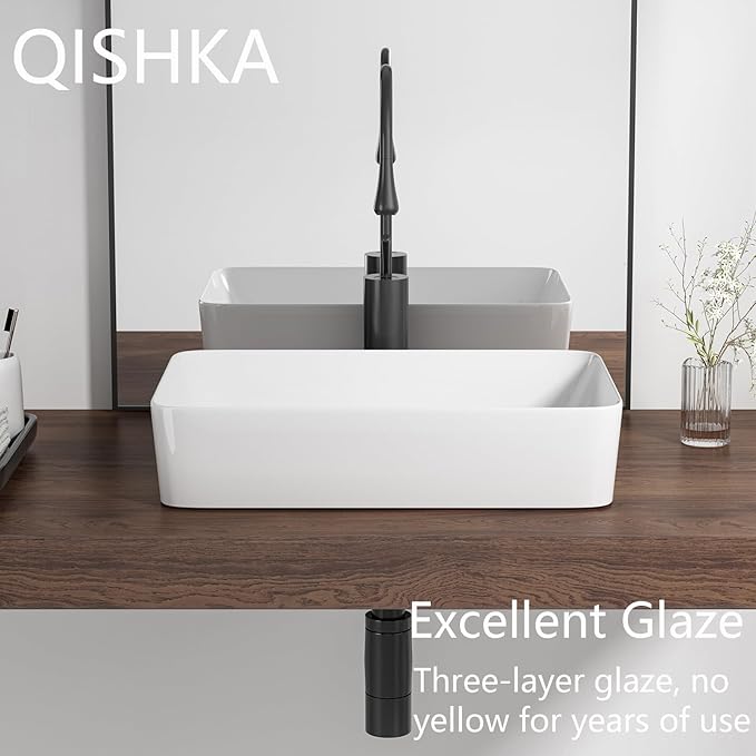 20 Inch Rectangular Bathroom Sink Above Counter, QISHKA White Ceramic Vanity Vessel Sink - 20" x 13.5" Countertop Rectangle Hand Wash Sink Porcelain Art Basin