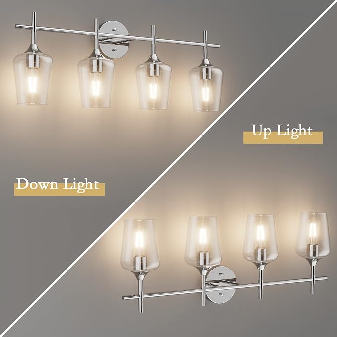 Ralbay Chrome Bathroom Vanity Light - 4 Light Industrial Farmhouse Style, Clear Glass, Over Mirror
