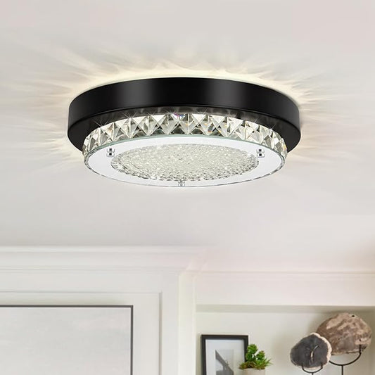 Flush Mount Ceiling Light LED Crystal Bathroom Light Fixture Small 10 Inch Dimmable Hallway Lighting Black Modern Foyer Ceiling Lights for Entryway Laundry Room Mini Kitchen Ceiling Light