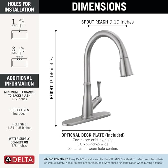 Delta Westville Brushed Nickel Kitchen Faucet with Pull Down Sprayer, Contemporary Single Hole Kitchen Sink Faucet, Single Handle, Arctic Stainless 9110-AR-DST