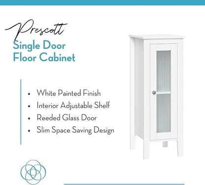 RiverRidge Prescott Slim Bathroom Linen Storage Cabinet, White | Versatile Narrow Organizer with Reeded Glass Door, Adjustable Shelves, Soft-Close Hinges