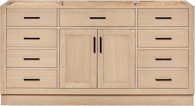 ARIEL Hepburn 66-inch Bathroom Vanity Base Cabinet,Solid Wood, 2 Soft Closing Doors, 9 Dovetail Drawers, White Oak