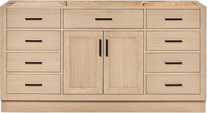 ARIEL Hepburn 66-inch Bathroom Vanity Base Cabinet,Solid Wood, 2 Soft Closing Doors, 9 Dovetail Drawers, White Oak