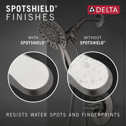 Delta Faucet Arvo 14 Series Single-Handle Tub and Shower Trim Kit, Shower Faucet with 4-Spray In2ition 2-in-1 Dual Hand Held Shower Head with Hose, Spotshield Stainless 144840-SP-I (Valve Included)