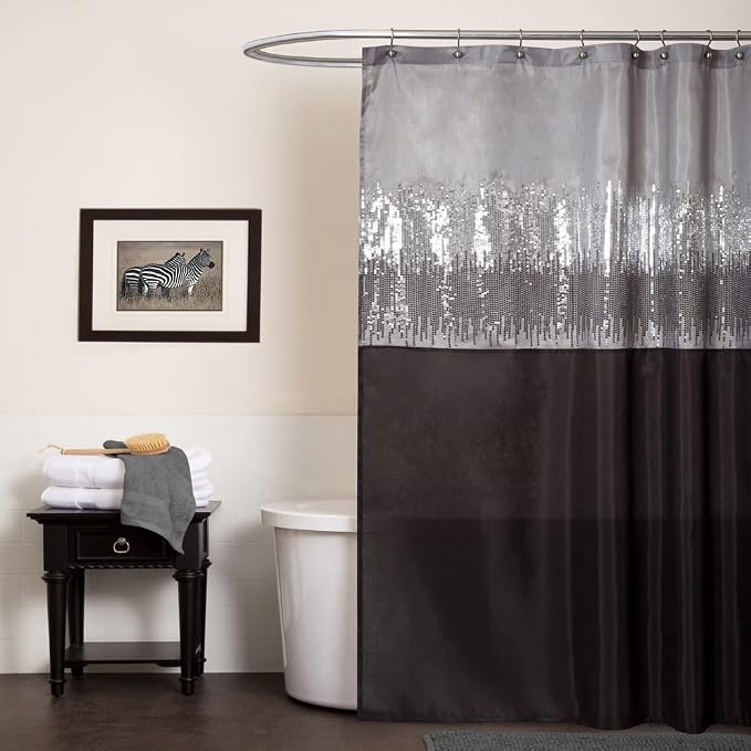Lush Decor Night Sky Shower Curtain, Single, 72" W x 72" L, Black - Sequin Shower Curtain - Sparkly Color Block Bath Curtain - Modern Glam Bathroom Decor